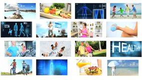 CG video wall montage of Multi ethnic male female healthy fitness vacation balance lifestyle motion graphics