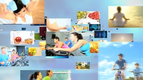 CG video montage fly through of Caucasian Hispanic male female healthy yoga cycling figure lifestyle motion graphics