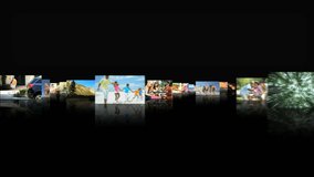 CG video montage fly through of multi ethnic male female American family beach holiday outdoor lifestyle