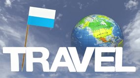 The word travel and a turning globe  in front of a blue sky with tooth pick and a small paper flag of SAN MARINO