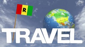 The word travel and a turning globe  in front of a blue sky with tooth pick and a small paper flag of RWANDA