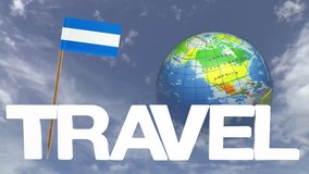 The word travel and a turning globe  in front of a blue sky with tooth pick and a small paper flag of EL SALVADOR