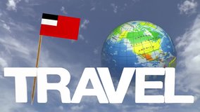 The word travel and a turning globe  in front of a blue sky with tooth pick and a small paper flag of GEORGIA
