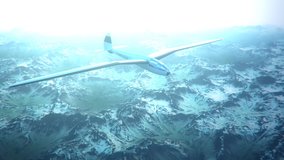 Blue and white monochrome animation of a sailplane soaring over snow covered mountains.