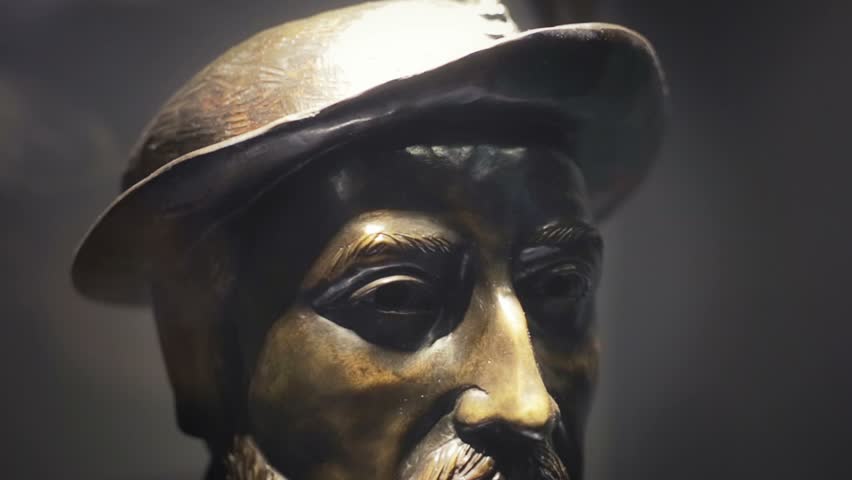 Detail of bust of Hernan Cortes inside of a showcase