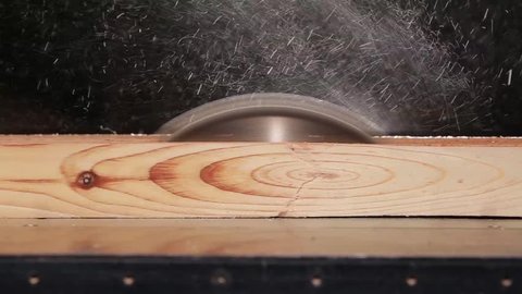 Circular saw cutting wooden plank