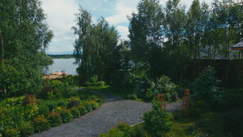 flight through forest above lake 