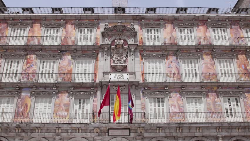 Europe, capital cities, landmarks and monuments. View of Madrid, Spain, plaza Mayor and spanish flags. 4 of 9