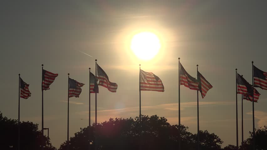 American Flags at Sunset, United States, 4th of July