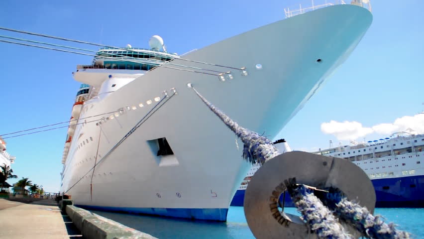 A large cruise ship is docked in Nassau.