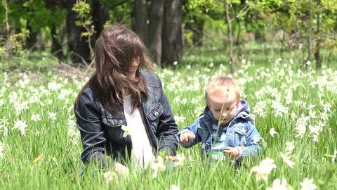 Sweet boy give his cap to his mother,daffodils flowered glade