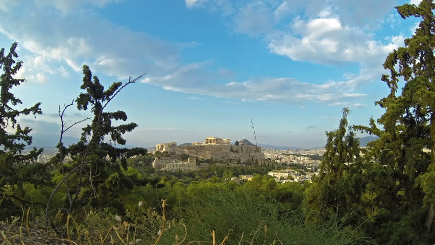 Parthenon temple on Athenian Acropolis, Athens, Greece - timelapse, wide fisheye lens, Full HD  1920X1080 (faster version)