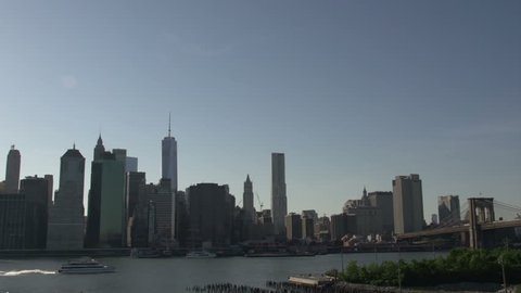Ferry in front of Manhattan skyline, New York City, USA
