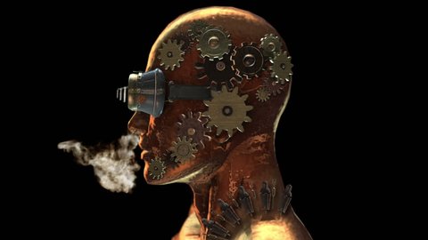 3D AUTOMATON HEAD with CLOCKWORK and SMOKE. Ideal for Science fiction movies, TV shows, intro, news, commercials, retro, steampunk related projects etc. Includes ALPHA MATTE
