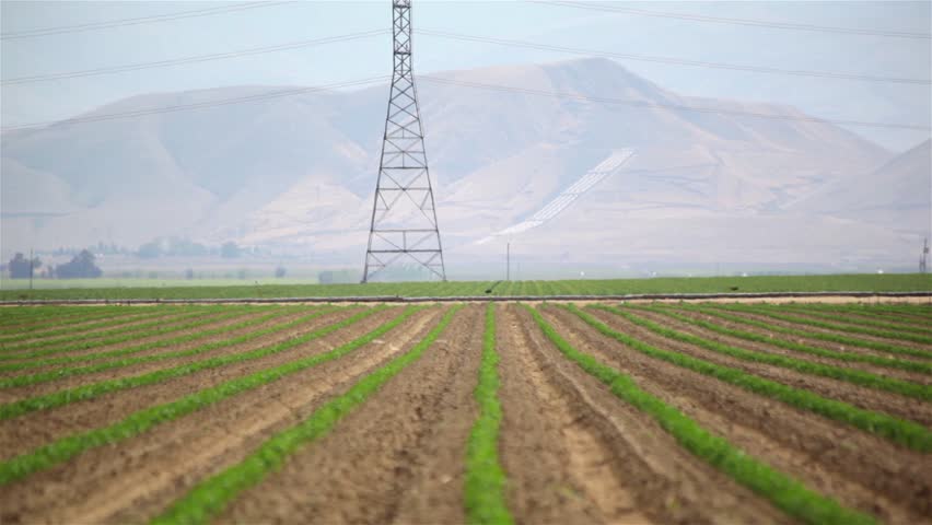 Farm with aqueduct running up the hill in background in Bakersfield, California on a hazy day.