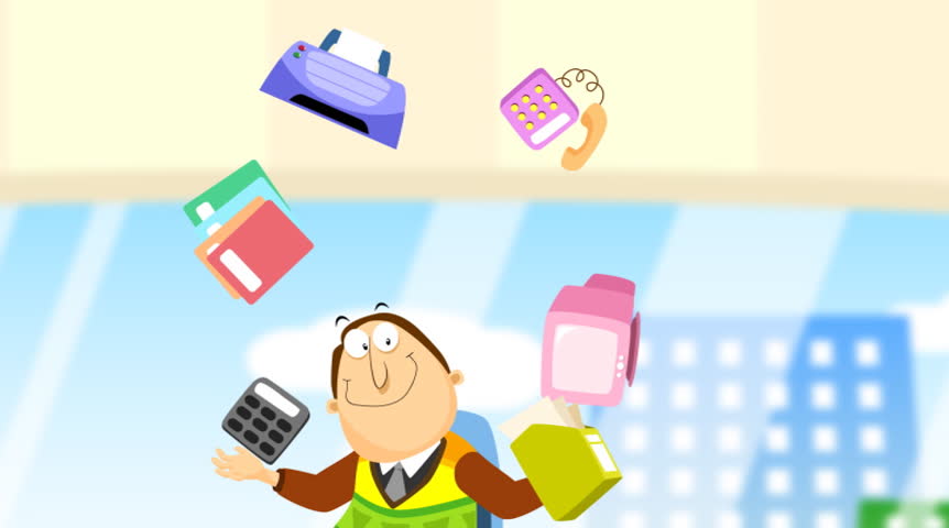 An employee riding a unicycle doing many things at once. Camera zooms out. HD