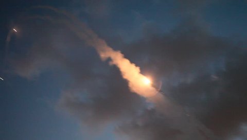 Iron Dome missile intercepts Hamas rocket during Gaza conflict operation Protective Edge, night vision shot.
