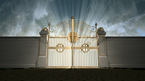 Heavens golden gates opening to an ethereal light on a cloudy background
