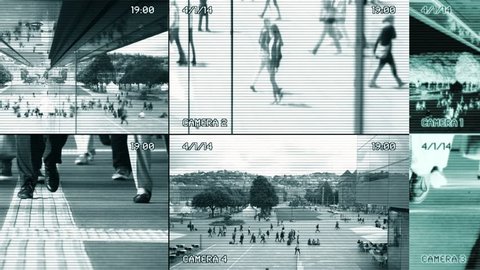 security camera view. split screen surveillance monitoring. people persons walking