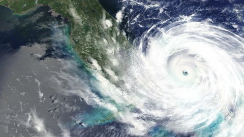 4k, Incredible satellite view of hurricane hitting east american Atlantic coast with well defined eye.