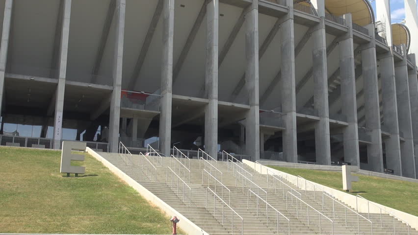 Football, soccer stadium, big arena exit view, stairs at the entrance inside