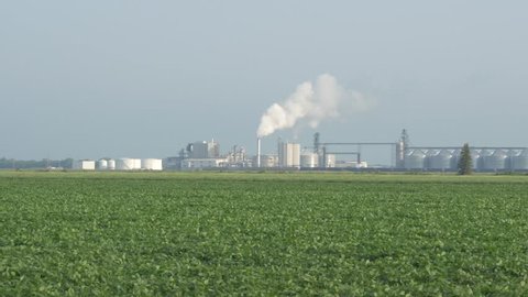 ethanol refinery near soybean field