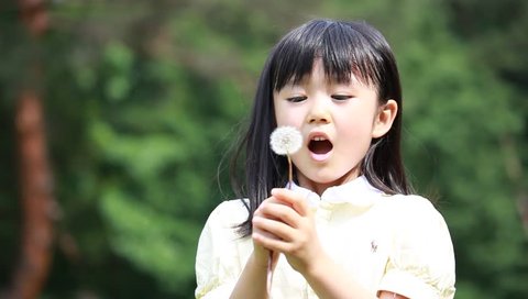 Japanese young girl blowing dandelion in a park, Tokyo, Japan Adlı Stok Video
