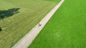 aerial view of woman jogging on country road