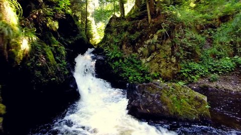 following a river and small waterfalls in the ravenna gorge, black forest, germany. slow motion video.