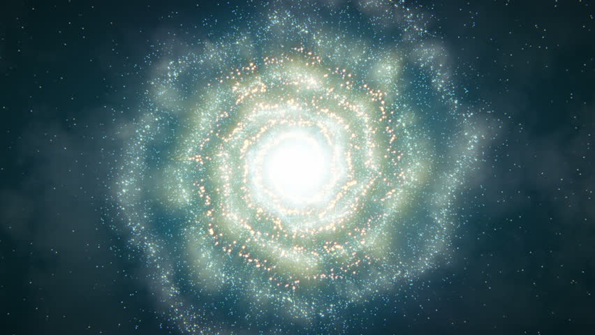 Spiral Galaxy Flight (25fps). Dramatic flight towards a nebulous spiral galaxy as it rotates through space in a sea of stars. The individual 3D particles move independently throughout the shot. Royalty-Free Stock Footage #6895264