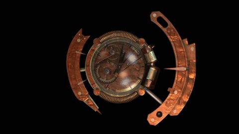 3D STEAMPUNK CLOCK FULL SHOT. Ideal for Science fiction movies, TV shows, intro, news, commercials, retro, steampunk, technology related projects. Includes ALPHA MATTE for easy background replacement.