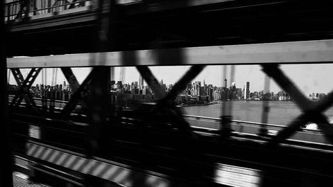 View of Manhattan from subway on Williamsburg Bridge, New York