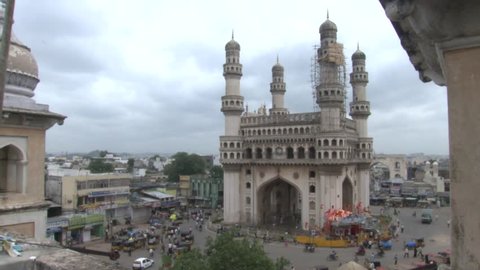The Charminar - built in 1591 CE, is a monument and mosque located in Hyderabad, India. It falls under the common capital area shared between the states of Telangana and Andhra Pradesh. 
