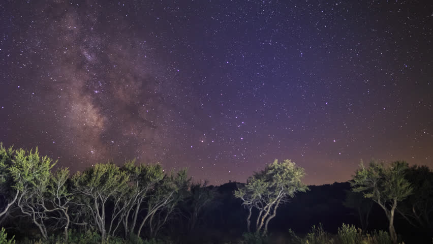 Time lapse of the Milky Way over well lit trees.