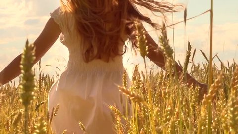 Beauty girl running on yellow wheat field. Freedom concept. Happy woman outdoors. Harvest. Wheat field in sunset. Slow motion 240 fps. Slowmo. 1080p full HD video footage