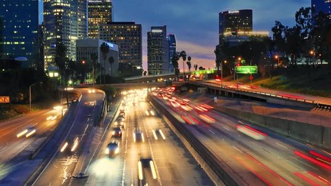Los Angeles city, night freeway 110 traffic in downtown LA. Timelapse. 