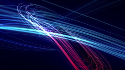 Looping from 14:00 to end. Background animation of flowing streaks of light. Abstract blue and red lines on dark background. In 4K ultra HD.