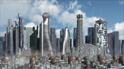 Fly in Sci-Fi future city with metallic skyscrapers and aerial vehicles