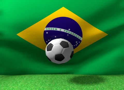 Football ball jumps on Brazil flag background