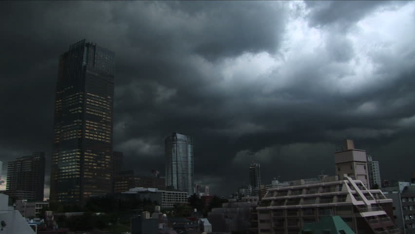 Lightning spark. Tokyo - rainy clouds and lightning. Japan.