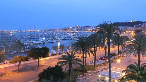Palma de Mallorca Marina - Port de Mallorca, timelapse at Night, Spain. 4K