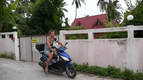 Handsome Man Riding Motorcycle with Cute Dog. Tropical Thailand. Exotic Koh Samui. HD, 1920x1080. Funny Video.