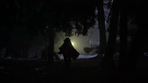 Silhouette of hero running in a dark forest, videoclip de stoc