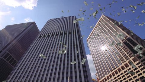 Dollar bills falling down from skyscrapers
