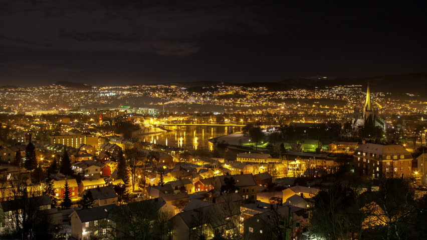 Timelapse of a night view overcentral Trondheim, Norway, at night.