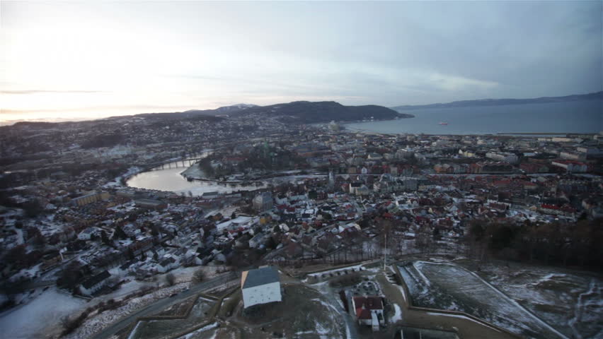 Aerial view over central Trondheim, Norway shot from a Drone. 
