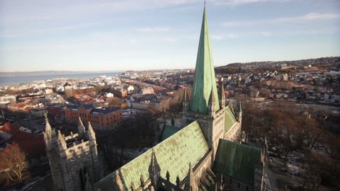 TRONDHEIM, NORWAY, JANUARY 2014
Aerial drone view over Nidarosdomen cathedral in Trondheim; Norway.