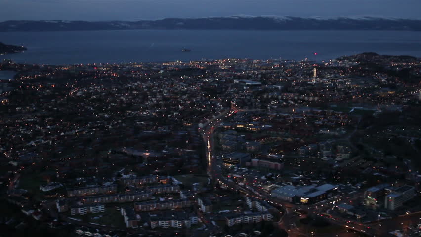 Aerail view over the Bay area in Trondheim, Norway, at dusk.
