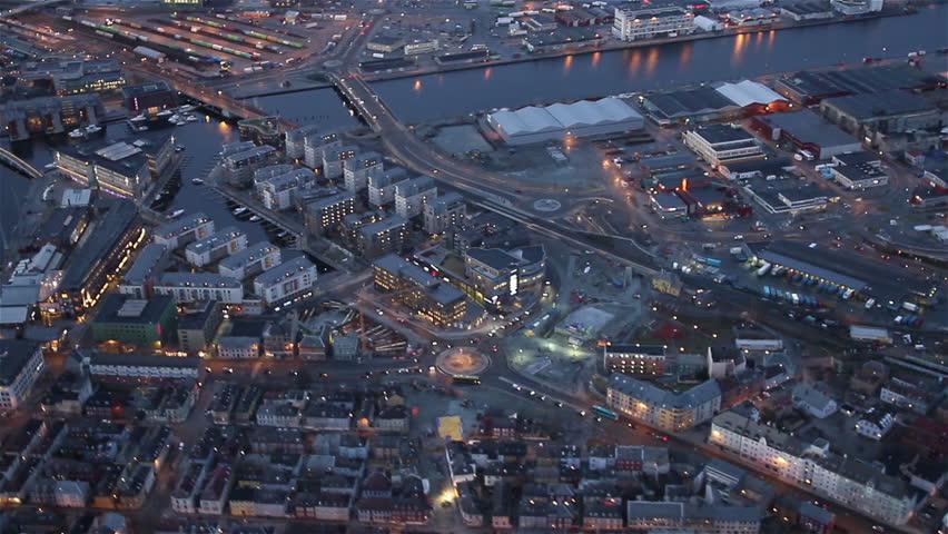Aerail view over the Bay area in Trondheim, Norway, at dusk.