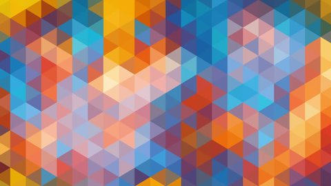 Abstract background loop of triangles in a geometric pixelated mosaic tile pattern. The triangles fit into diamond and hexagon shapes. Orange, blue and yellow color scheme. In 4K ultra HD.